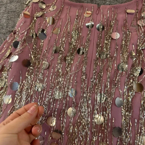 French Connection Formal Silk Long Sleeve Sequin Fringe Western Mini Dress - Picture 4 of 5